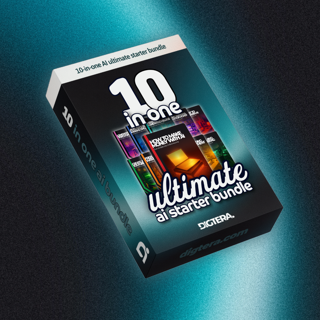 3D software box mockup of the 10-in-one Ultimate AI Starter Bundle by Digtera