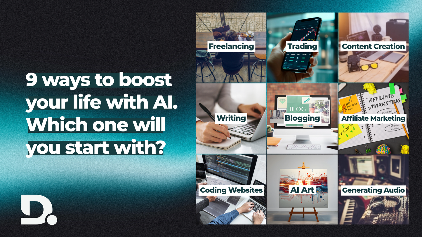 9 AI-powered career paths shown through images: freelancing, trading, content creation, blogging, and more.