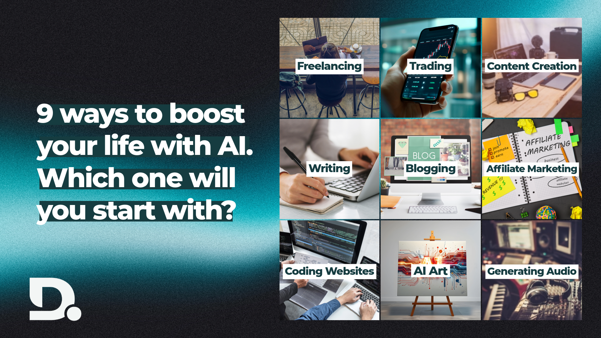 9 AI-powered career paths shown through images: freelancing, trading, content creation, blogging, and more.