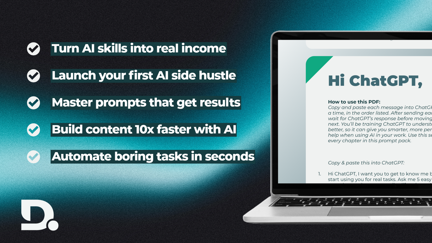 Five benefits of using the Ultimate AI Starter Bundle, with laptop preview of ChatGPT training PDF.